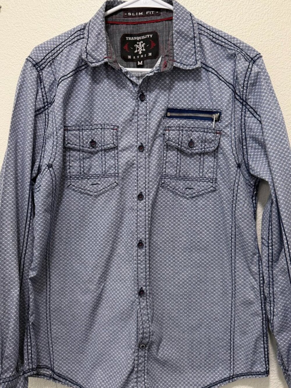Tranquility & Mayhem blue and white button down slim fit men's shirt, Med
